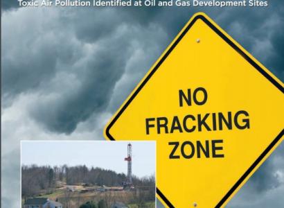 No Fracking Zone sign like a Yield sign and a photo of a fracking site