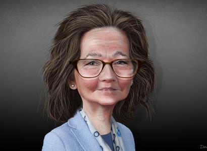 Caricature of white lady with glasses and brown hair