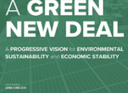 Bluish green background and words A Green New Deal with more details