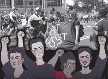 Black and white photo of police harassing black people in the street and a drawing of four black people holding their fists in the air and the words Drop the Charges Against the BlackPride4