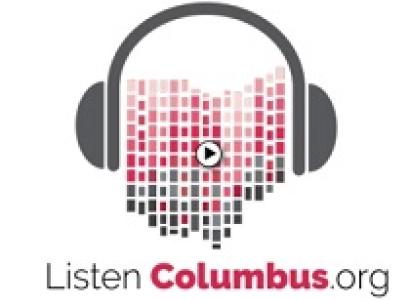 Drawing of headphones with the state of Ohio made out of little red and black squares in between the sides of the headphones and the words ListenColumbus.org