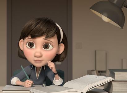 3D cartoon girl at a table with pencil and book