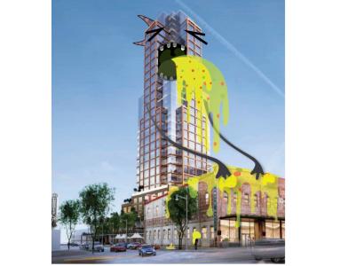 Big tall building with arms looking like it is throwing up on a short building  