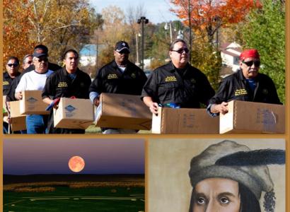 Mounds, people holding boxes, a Native American face