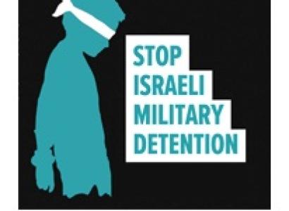 Black Square with silhouette of young child with a blindfold and the words Stop Israeli Military Detention
