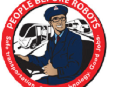 Bus driver in a circle with words People Before Robots