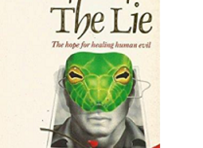 Book cover with words People of the Lie, the hope for healing human evil, and a man's face which is half a reptile