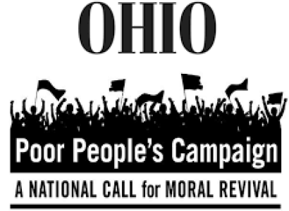 The words Poor People's campaign a National call for moral revival and a drawing of lots of people waving signs and flags