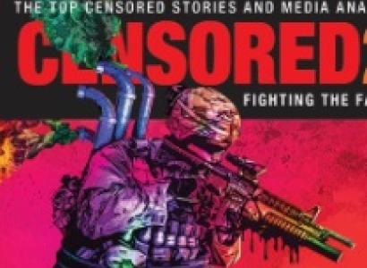 The word Censored and a military man in a helmet pointing a crazy looking machine gun