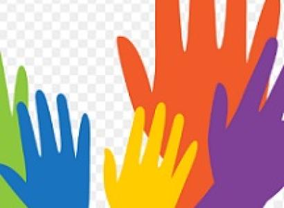 Green, blue, yellow red and purple hands reaching up