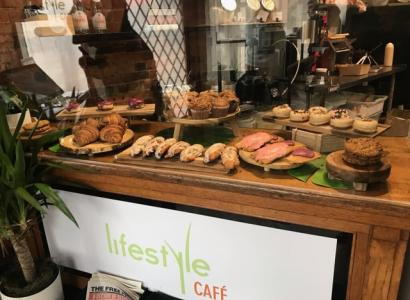 Restaurant counter with pastries displayed