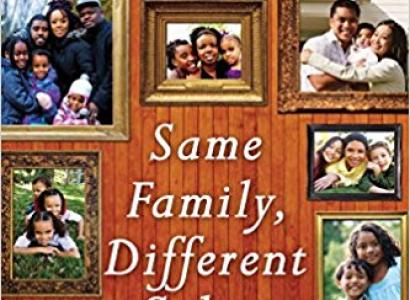 Brown book cover with lots of family photos on the front depicting families with people of different colors and the words Same Family, Different Colors