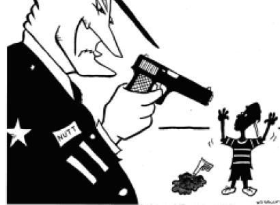 Policeman cartoon holding a gun on a small black child with a water pistol