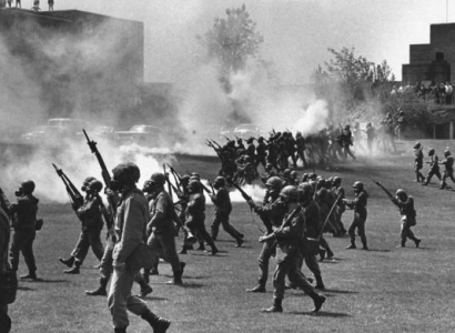 National Guard advancing with weapons drawn