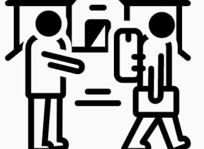 Line drawing of person leaving home with baggage