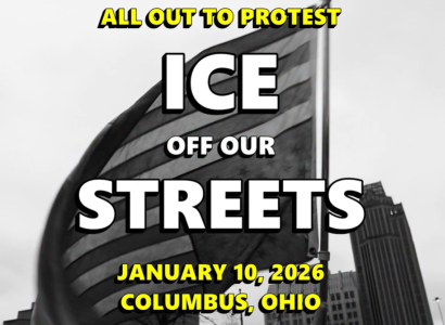 ICE off our streets in front of upside down US flag