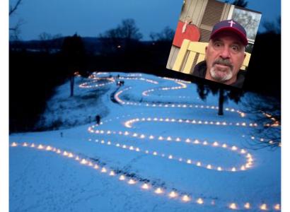 Serpent Mound and big screen with face of Dave "Coach" Daubenmire 