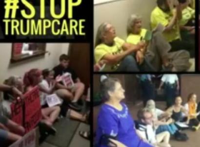 Three photos showing people sitting on the floor and the words Sit in to #Stop Trumpcare