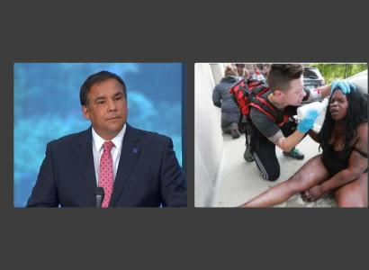 Mayor Ginther and photo of protester