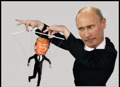 Putin, balding white guy wearing black holding puppet strings with Trump as the puppet