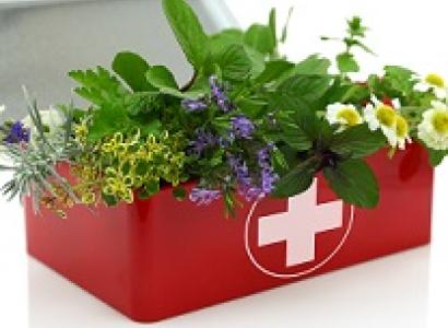 Red medical box with a white cross on the front full of flowers