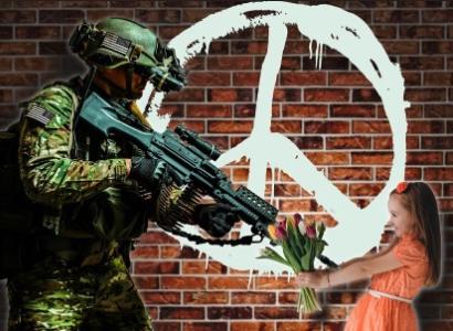 A man with a gun pointing at a girl holding flowers