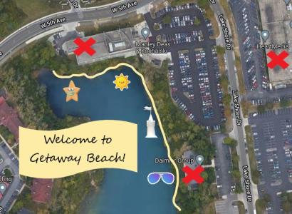 Birds eye view of quarry and words Welcome to Getaway Beach!