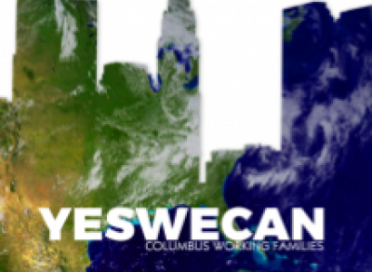 A colorful image of Columbus skyline in green, yellow and blue with white words in front at the bottom Yes We Can