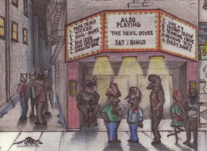 Illustration of movie theater with Also Playing on marquee and strange animal people standing on the street and a rat running by