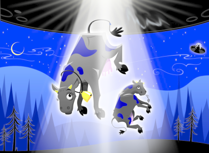 Cows being beamed up to a spaceship