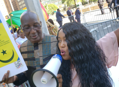 Woman speaking into a megaphone