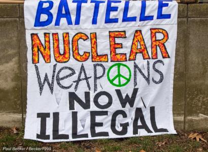 Sign saying Battelle Nuclear weapons now illegal
