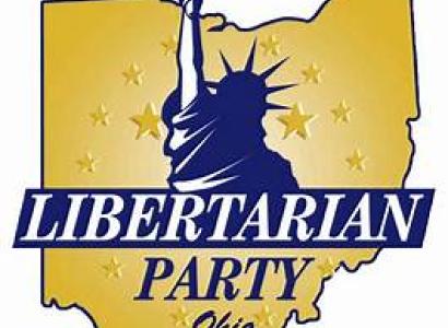 Yellow silhouette of State of Ohio with blue statue of liberty and the words Libertarian Party