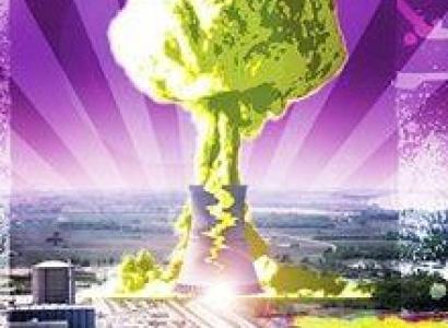 Purple background with nuke plant blowing up in a mushroom cloud