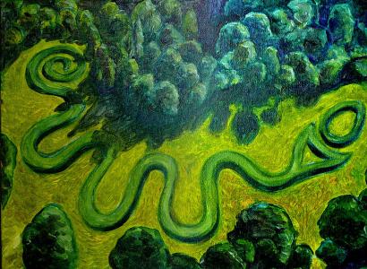 Bird's eye view of the serpent mound, a green snaky looking thing on the ground, surrounded by trees