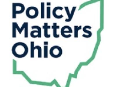 Blue words Policy matters Ohio within a frame of a green Ohio silhouette