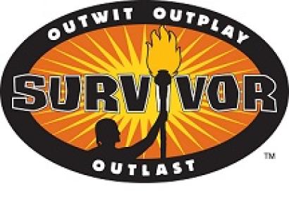 Oval with the word Survivor in the middle and a drawing of a guy with a torch and the words Outwit Outplay and Outlast on the perimeter