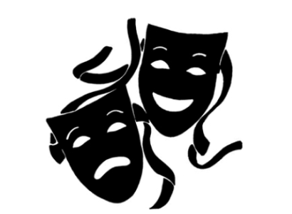 Drawing of two masks, one smiling, one frowning