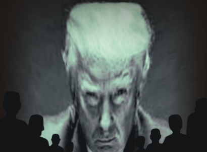 Trump head on a screen like a monster with silhouettes of people watching