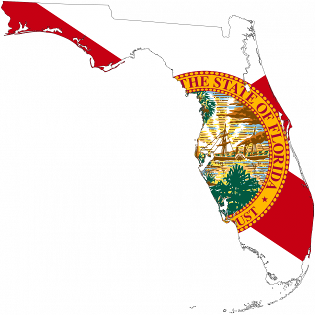 Map of Florida with State of Florida seal coloring it in, a red line with a gold circle and pictures inside