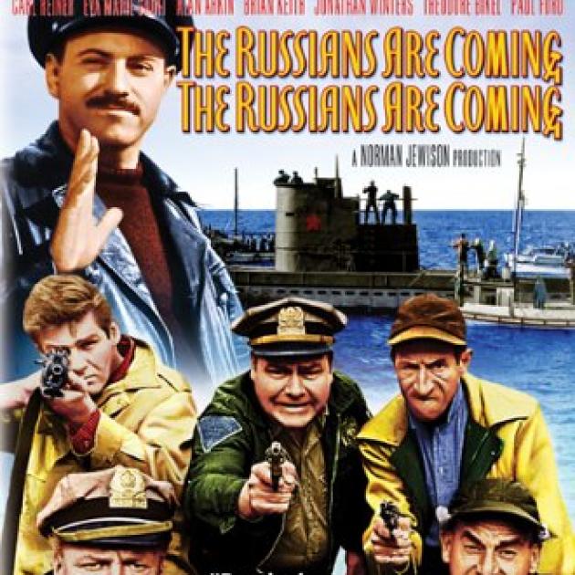 Movie poster of the Russians are coming with lots of guys coming off a ship like they are Russians menacing the US
