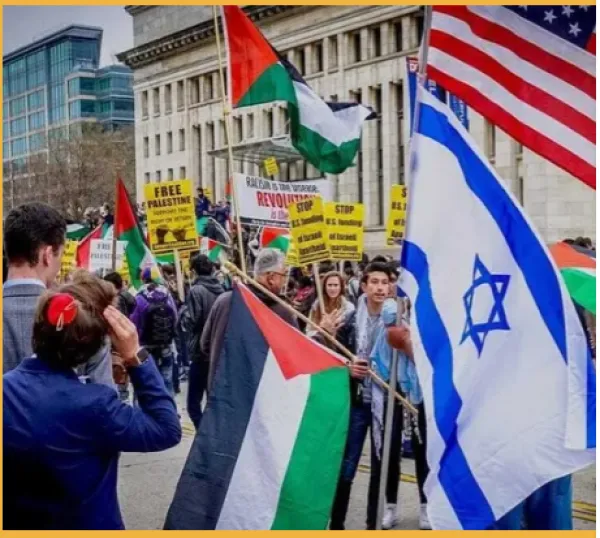 Protest with three flags - US, Israel, Palestine