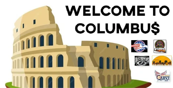 Coliseum crumbling with logos of sports teams 