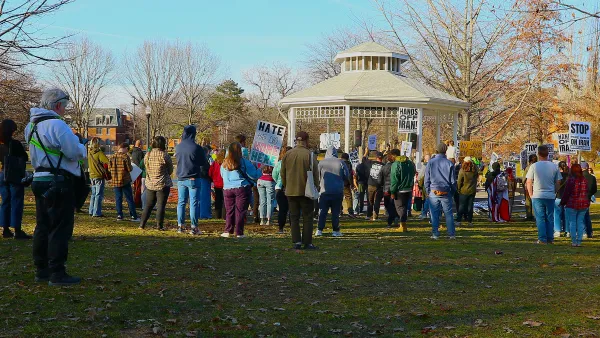 Crowd of protesters at gazebo