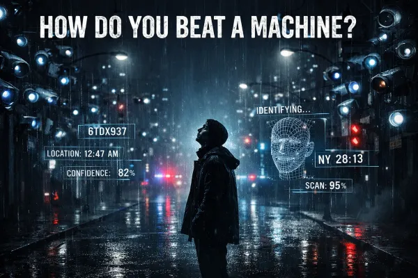 Man standing among AT images