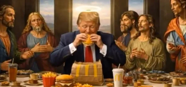 Trump at the last supper eating a hamburger