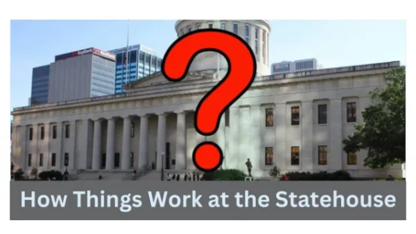 Ohio Statehouse with a question mark on it