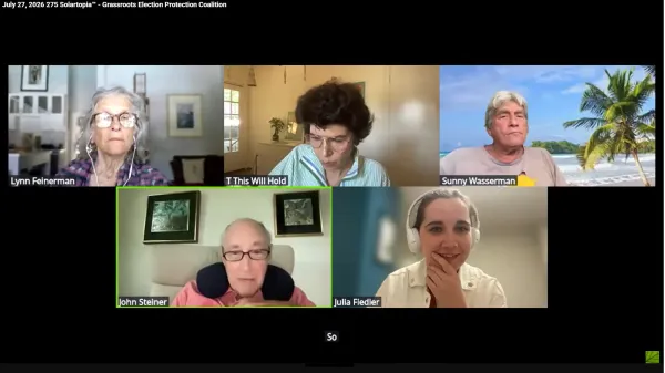 Harvey "Sunny" Wasserman, LYNN FEINERMAN, JOHN STEINER, JULIA FIEDLER and "T" in 275 zoom