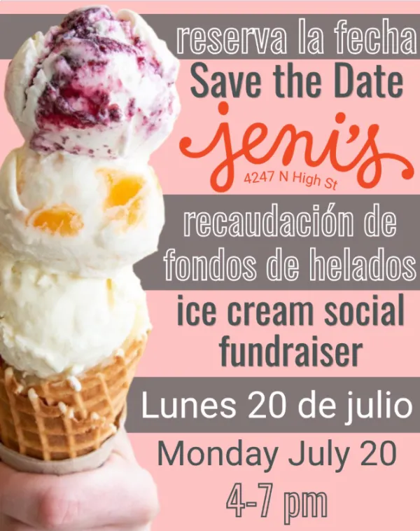 Dark grey background with two Jeni's icecream cones held in people's hands. Cited text with fundraiser details / fondo rosa con cucurucho triple de helado y detalles del evento en el texto
