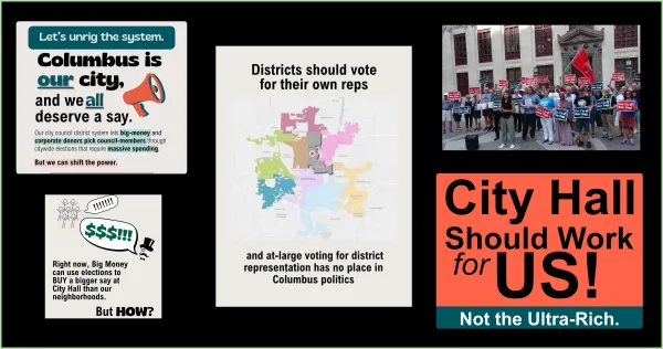 Signs from rally and people protesting in front of City Hall